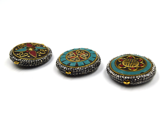 1.5" Tibetan Mandala Reversible Design Medallion Coin Shaped Connector Encrusted with Cubic Zirconia - 32mm x 32mm - Sold Individually