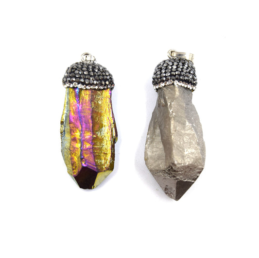 AB Quartz Nugget Pendant: Pave Rhinestone Encrusted Freeform Charm