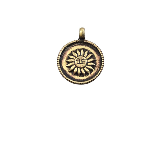 1" Oxidized Gold Plated Rustic Cast Sun Icon Copper Round/Coin/Disc Pendant with Attached Ring  - 25mm Diameter, Approximately