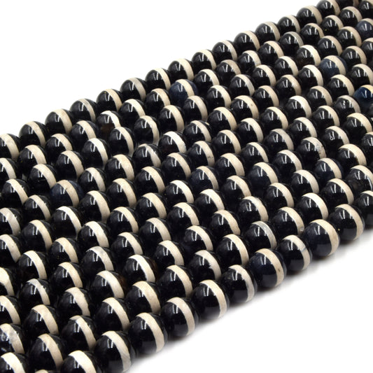 Natural Tibetan Agate Smooth Round Beads | Black with Cream Line Banded Gemstone for Jewelry Making | 6mm 8mm 10mm 12mm | 14.5" Full Strand