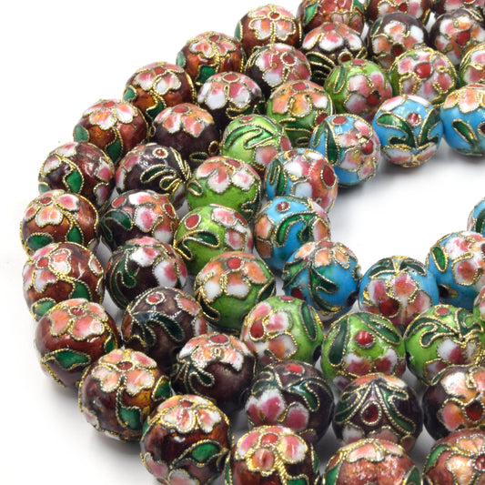 Cloisonné Beads | 14mm Decorative Floral Round/Ball Shaped Metal/Enamel Beads - Orange Brown Green Blue  Available