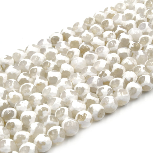 Faceted Tibetan Agate Dzi Beads: Spotted White Gemstone Beads (6-14mm)