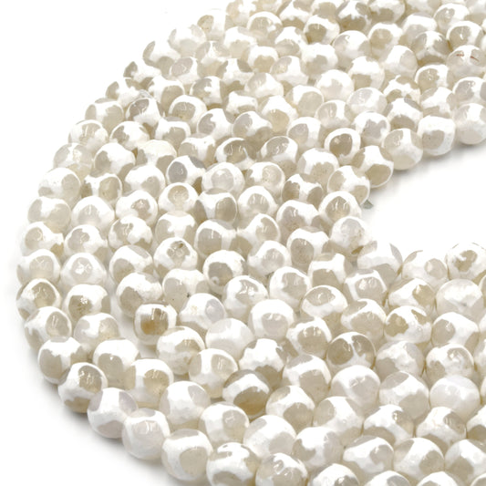 Faceted Tibetan Agate Dzi Beads: Spotted White Gemstone Beads (6-14mm)