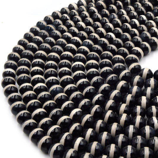 Tibetan Agate Beads | Dzi Beads | Dyed Black Glossy with Cream Stripe Round Gemstone Beads - 10mm
