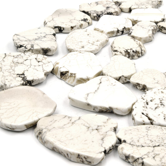White Magnesite Slab Beads: Freeform Ivory Brown Veins, 15" Strand
