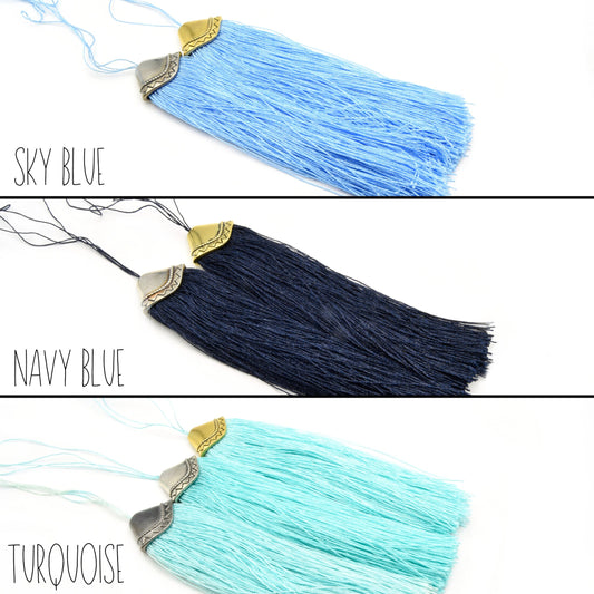 4.5" Fancy Tassel Flat Cap Silk/Polyester Thread Silver Gold Gunmetal -23mm x 115mm- Red, Blue, Green, Brown, Pink, Aqua, White, Navy, Grey