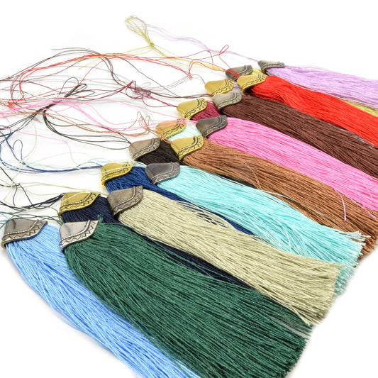 4.5" Fancy Tassel Flat Cap Silk/Polyester Thread Silver Gold Gunmetal -23mm x 115mm- Red, Blue, Green, Brown, Pink, Aqua, White, Navy, Grey