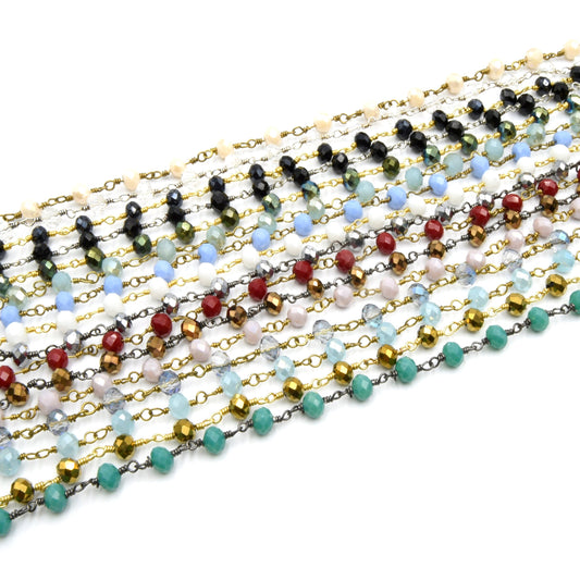 Rosary Chain / 3mm x 4mm Faceted Crystal Beads / Sold By the Foot / Plated Copper / Gold Silver or Gunmetal Chain / Beaded Chain Wrapped