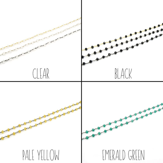 Rosary Chain / 3mm x 4mm Faceted Crystal Beads / Sold By the Foot / Plated Copper / Gold Silver or Gunmetal Chain / Beaded Chain Wrapped
