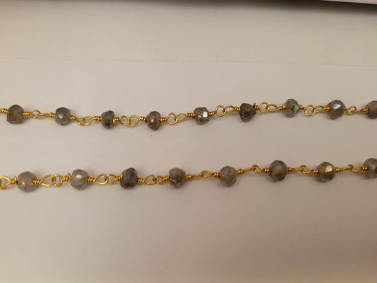 Gold Plated Copper Rosary Chain with 3-4mm Rondelle Shaped Mystic Coated Gray Labradorite Beads - Sold by the Foot! (CH148-GD)