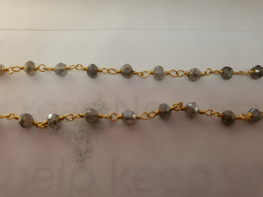 Gold Plated Copper Rosary Chain with 3-4mm Rondelle Shaped Mystic Coated Gray Labradorite Beads - Sold by the Foot! (CH148-GD)