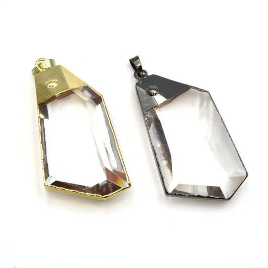 Gold Electroplated Faceted Glass Freeform Pendant With Bail - Measures 25mm x 50mm