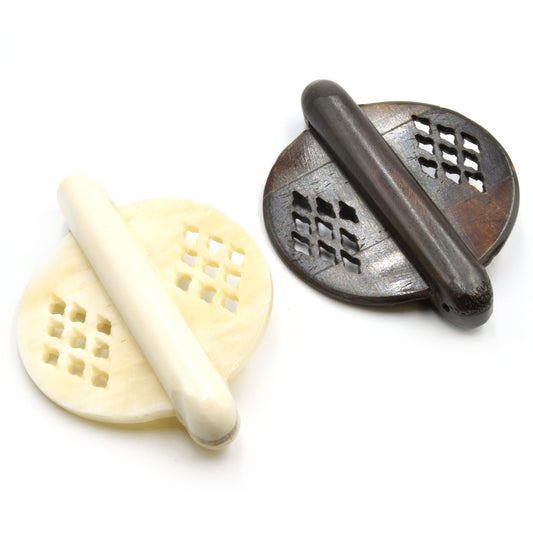 Carved Round Ox Bone Pendant Connector with Two Holes - White & Brown Bone Pendant
