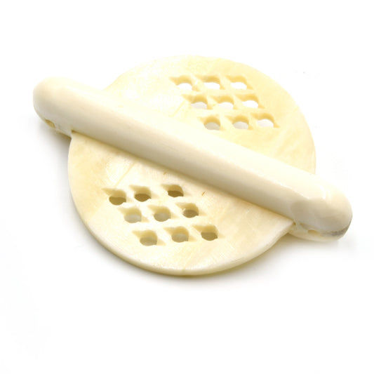 Carved Round Ox Bone Pendant Connector with Two Holes - White & Brown Bone Pendant