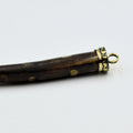 SALE! - Spot Bevel Inlay Brown Ox Bone Tusk Shaped Pendant - Patterned Gold Cap - Measuring Approximately 3"