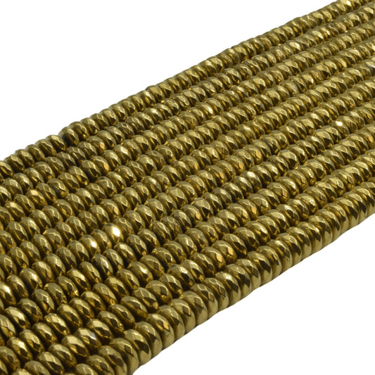 Faceted Natural Gold Coated Hematite Rondelle Shape Beads - Semi-Precious Gemstone- 4mm x 10mm