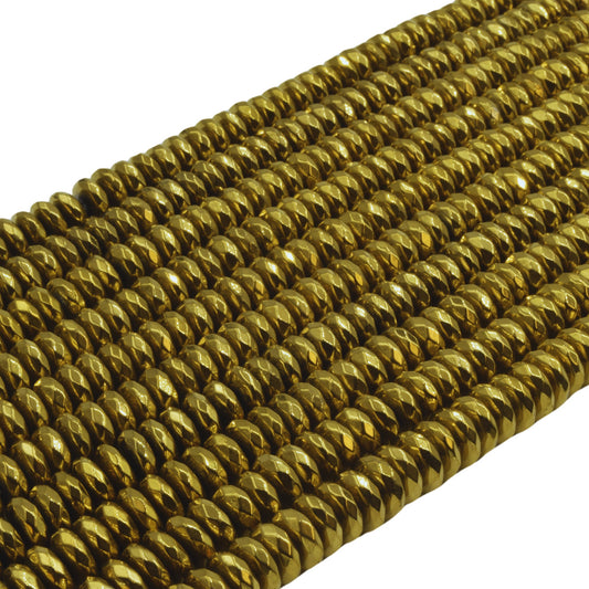 Faceted Natural Gold Coated Hematite Rondelle Shape Beads - Semi-Precious Gemstone- 4mm x 10mm