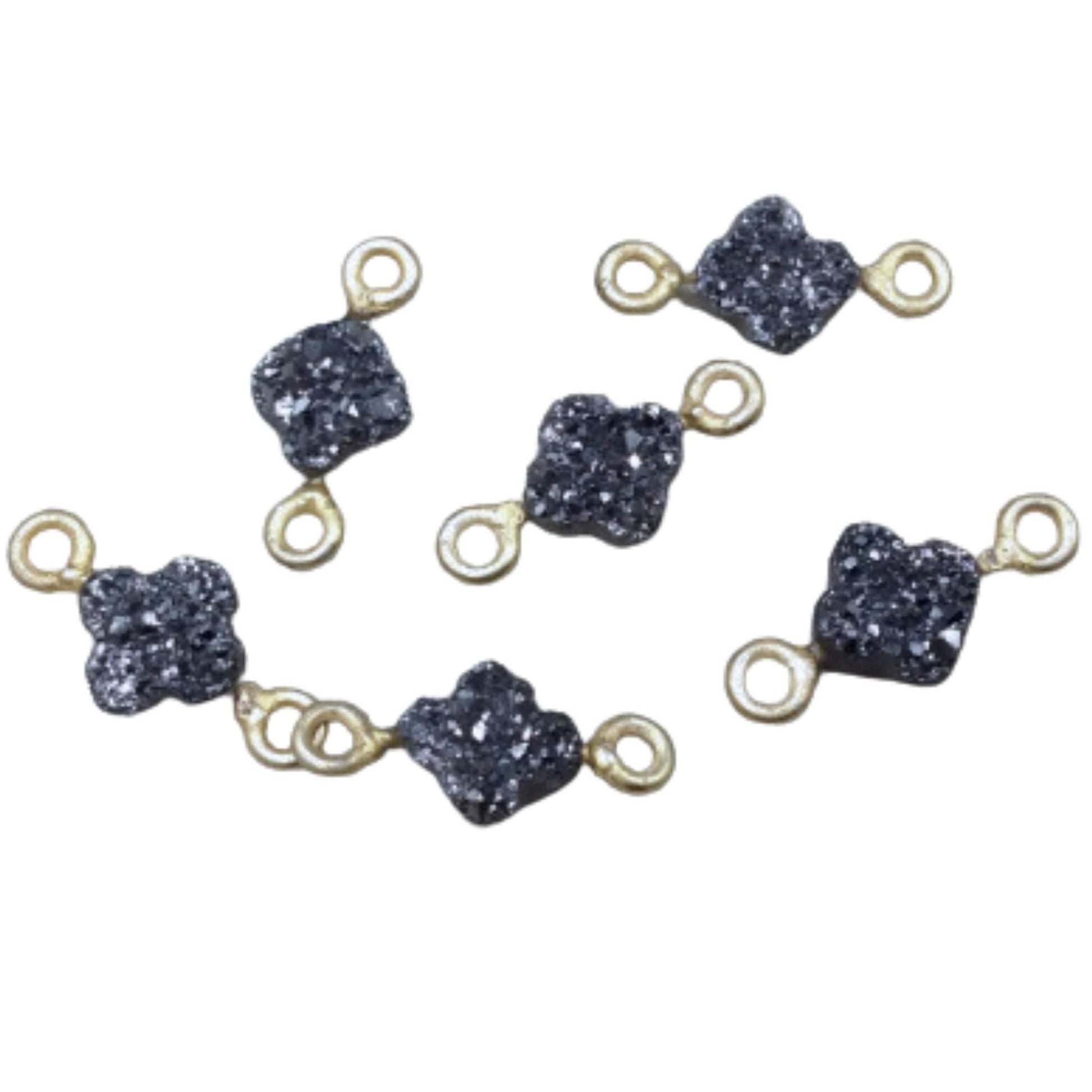 Small Bright Silver Quatrefoil Shape Natural Druzy Connector W Silver Rings - Measures ~ 6mm x 6mm, - Sold Individually, Randomly Chosen