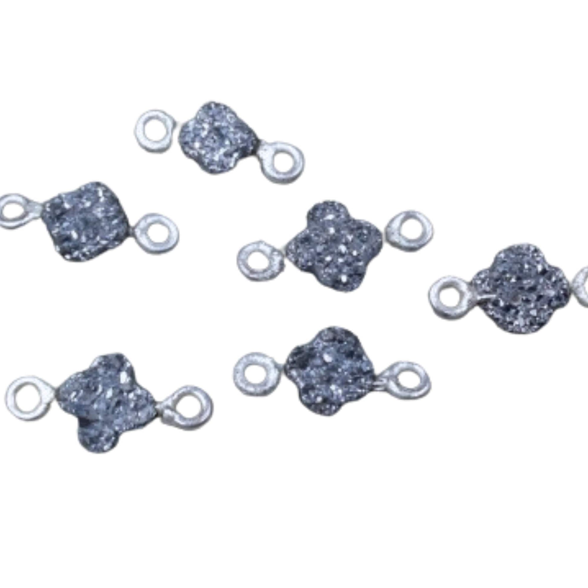 Small Bright Silver Quatrefoil Shape Natural Druzy Connector W Silver Rings - Measures ~ 6mm x 6mm, - Sold Individually, Randomly Chosen
