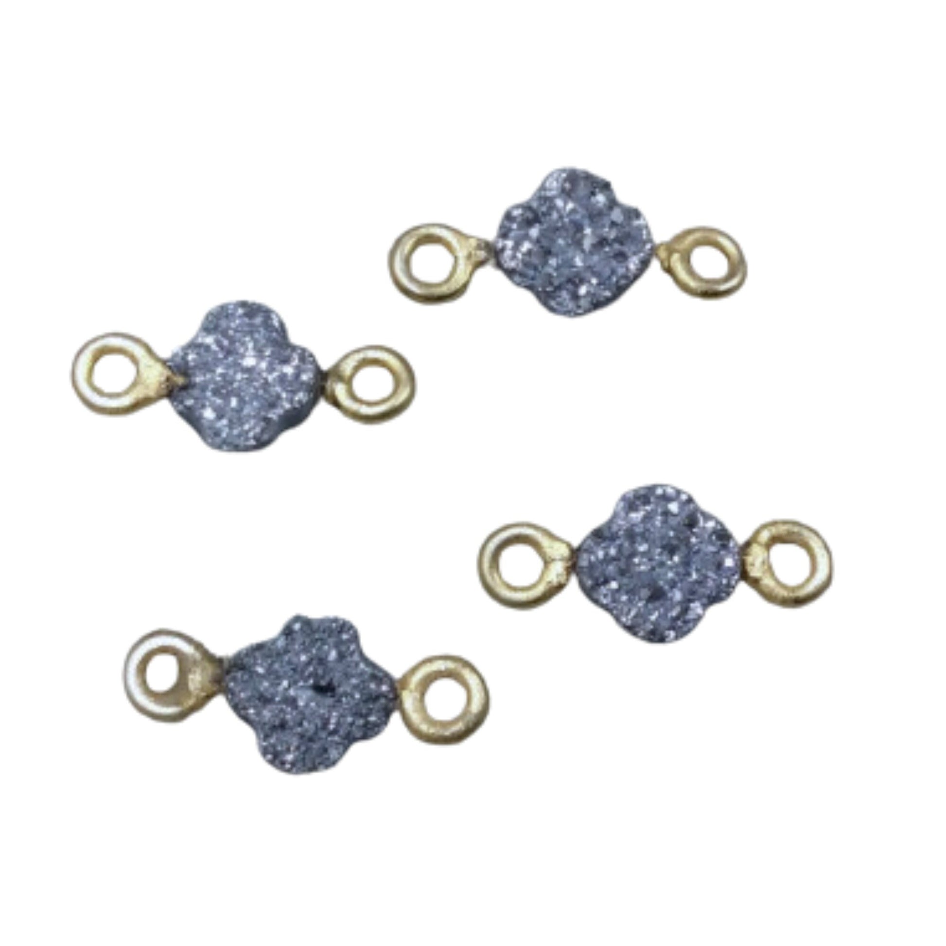 Small Bright Silver Quatrefoil Shape Natural Druzy Connector W Silver Rings - Measures ~ 6mm x 6mm, - Sold Individually, Randomly Chosen