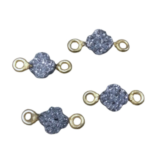 Small Bright Silver Quatrefoil Shape Natural Druzy Connector W Silver Rings - Measures ~ 6mm x 6mm, - Sold Individually, Randomly Chosen