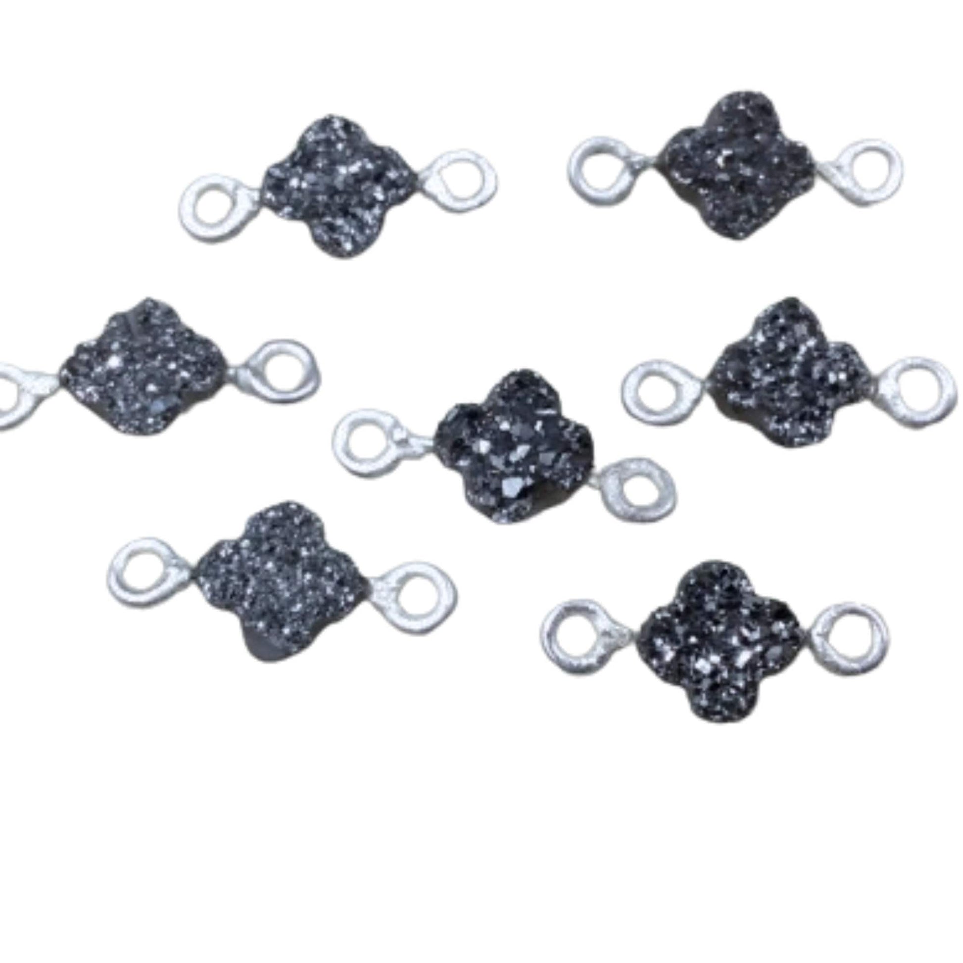 Small Bright Silver Quatrefoil Shape Natural Druzy Connector W Silver Rings - Measures ~ 6mm x 6mm, - Sold Individually, Randomly Chosen