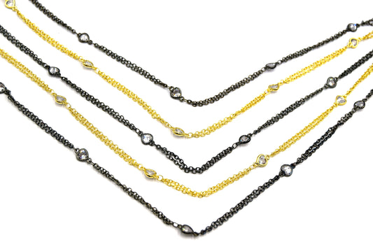 Sterling Silver Bezel Dangle Rosary Chain with 4mm Cut Stone Flat Back Cubic Zirconia Heart Dangles - Sold by the Foot