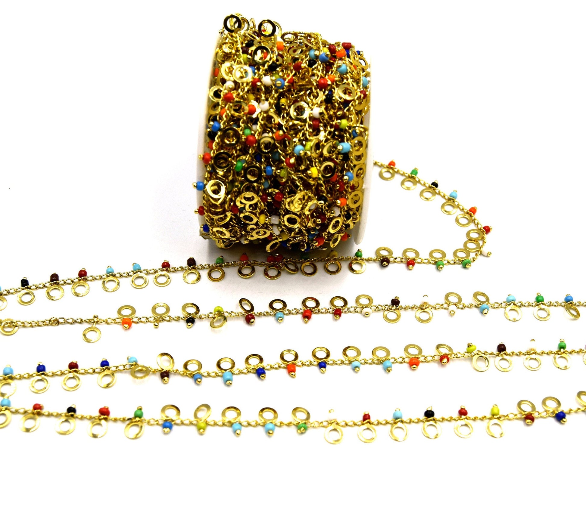 Gold Plated Dangle Chain l Multi-Colored Enamel beads with Gold Jump Rings l Chain for Jewelry Making