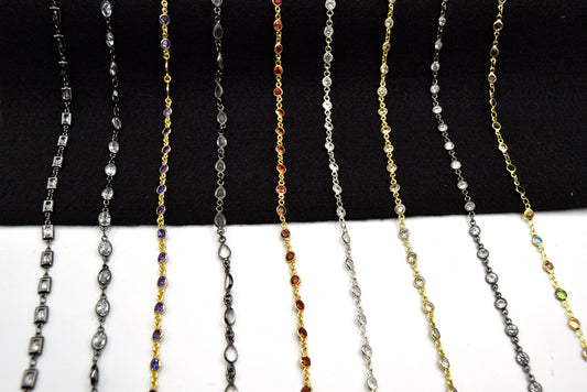 Gold Plated Copper Bezel Link Rosary Chain |CZ Round Bezel Chain for Jewelry Making