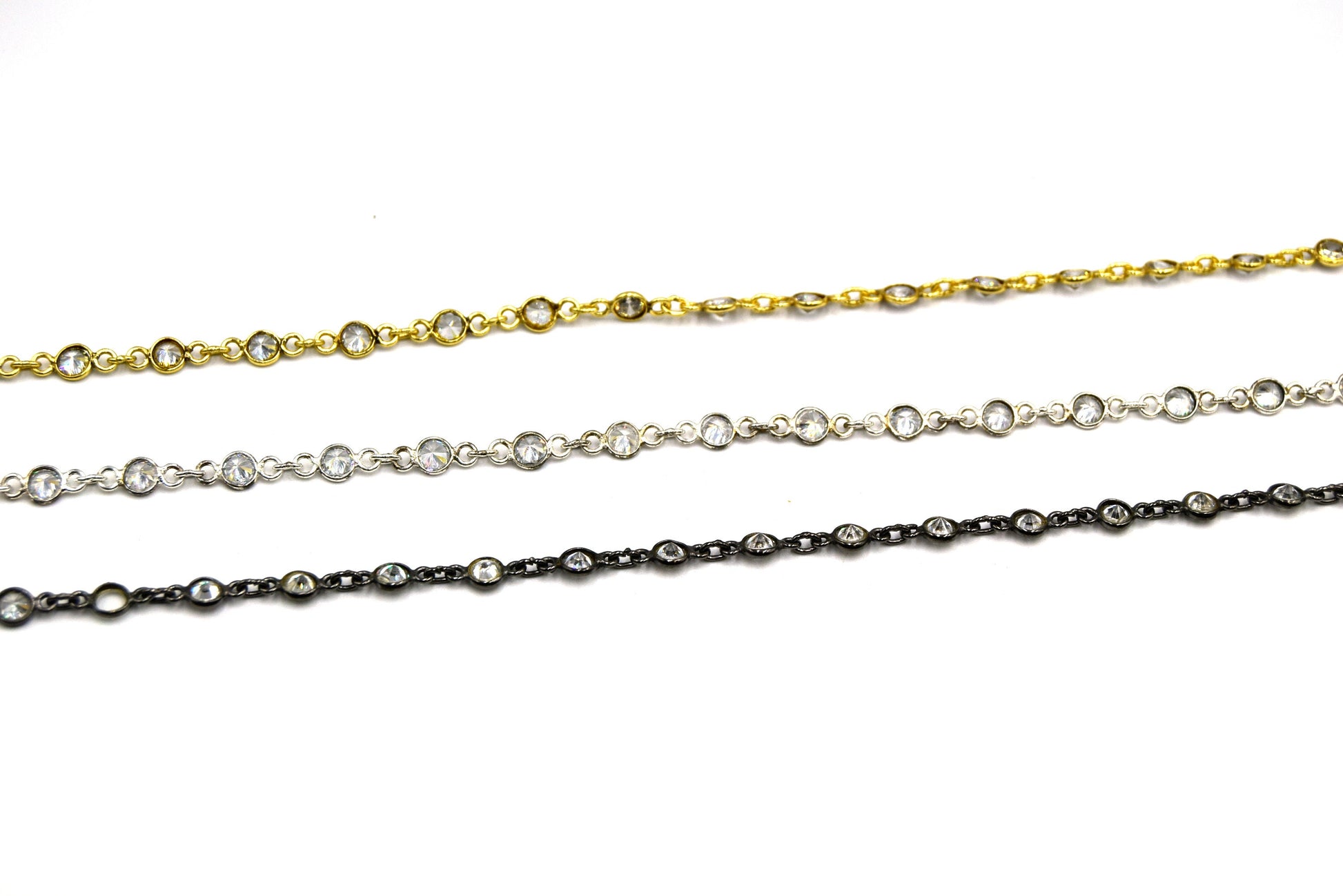 Gold Plated Copper Bezel Link Rosary Chain |CZ Round Bezel Chain for Jewelry Making