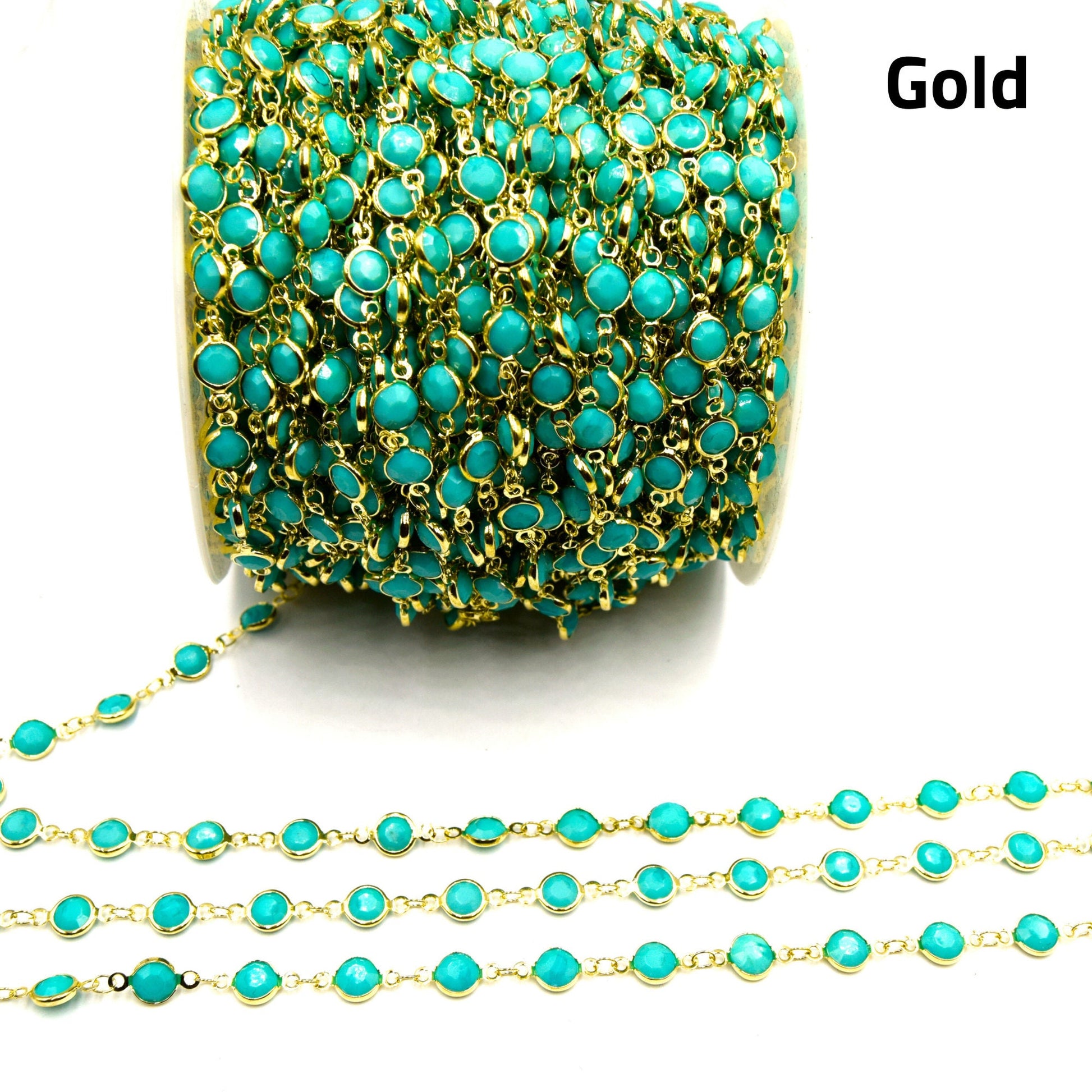 Bezel Link Rosary Chain l Gunmetal plated l 6mm Faceted Turquoise Round Bezels - Sold by 1' Cut Sections