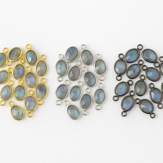 Labradorite Faceted Bezel Connector 5x7mm  Natural Labradorite Gemstone, Gold / Silver / Gunmetal Plating, Jewelry Making Pack of Six (6)