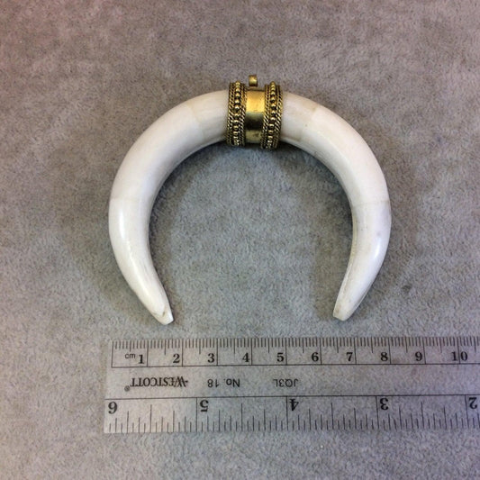 Ox Bone Crescent Pendant  White Tusk with Gold Bail (83mm)