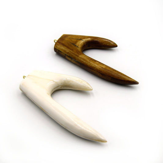 Ox Bone Antler Shaped Pendant with Gold Plated Ring - White & Brown