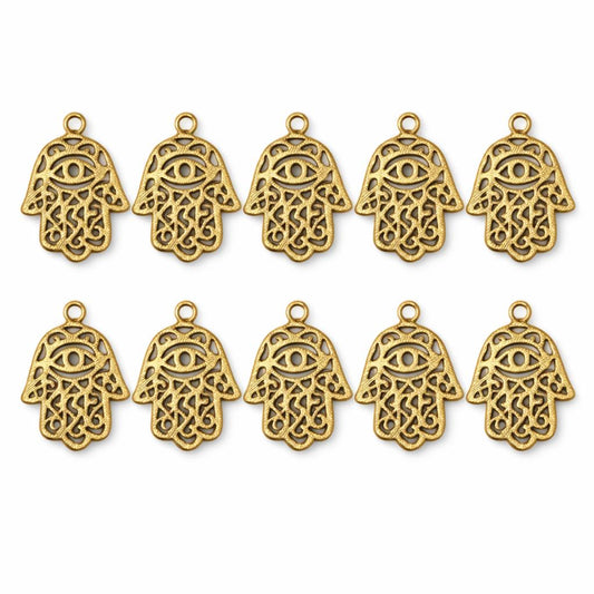 Hamsa Filigree Pendant  Brushed Gold Plated Copper Jewelry Component (Pack of 10)