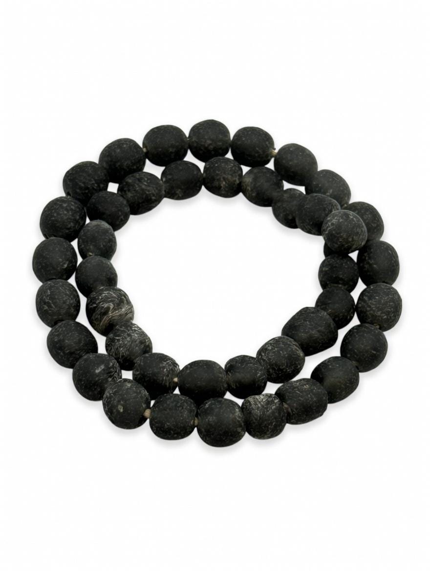 Black recycled African glass rondelle beads 12mm coiled strand handmade in Ghana