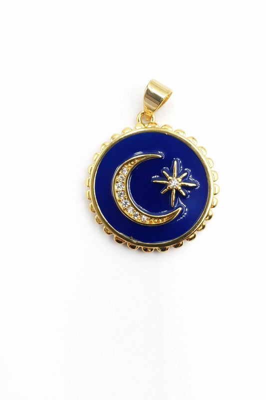 Crescent Moon & Star CZ Enamel Pendant  Gold Plated