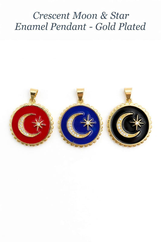 Crescent Moon & Star CZ Enamel Pendant  Gold Plated
