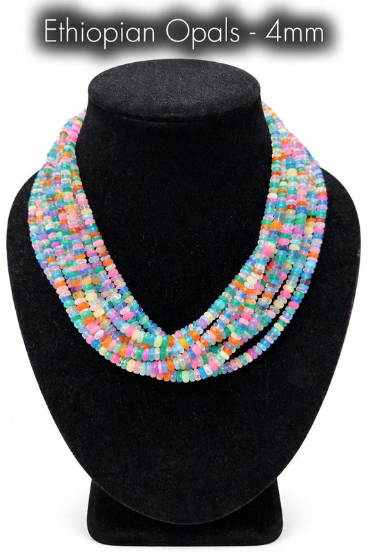 Ethiopian Opal Beads – 4mm Smooth Rondelle Rainbow Gemstone Strand for Jewelry Making
