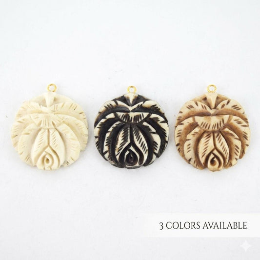 38mm x 40mm - Light Brown - Hand Carved Rose - Round Shaped Natural Ox Bone Pendant