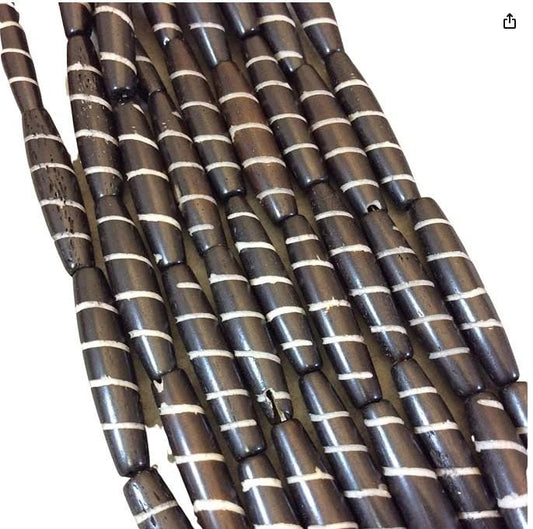 Hand-Carved Black Bone Long Tube Beads - White Spiral Design (30-35mm) - 14.5 Inch Strand