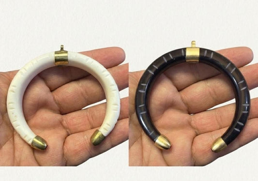 Black Resin Crescent Pendant  Gold Caps, Carved Lines (80mm)