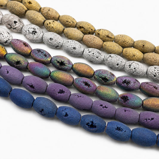 Sparkly Titanium Druzy Agate Beads, Matte Gold Silver Purple Peacock Metallic Blue Oval Barrel (8mm x 12mm)