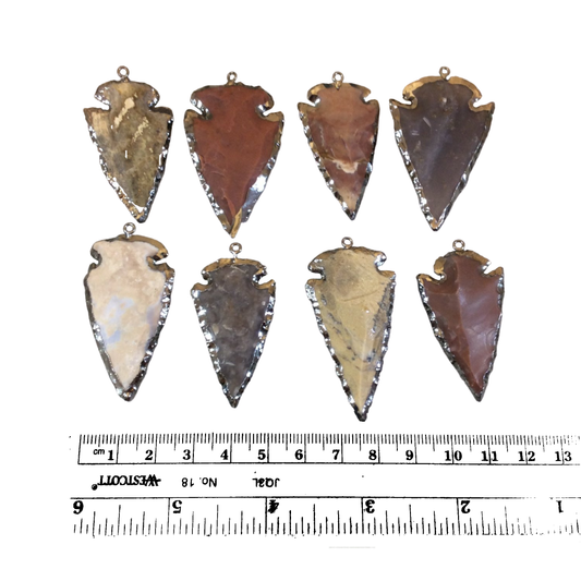 1.5-2" Gunmetal Finish Arrowhead Shaped Electroplated Mixed Jasper Pendant - Measuring 40mm-50mm Long - Sold Individually, Randomly Chosen