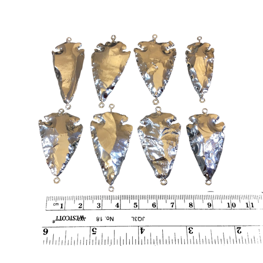 1.5-2" Silver Plated Arrowhead Shaped Electroplated Black Obsidian Connector - Measuring 40mm-50mm Long - Sold Individually, Randomly Chosen