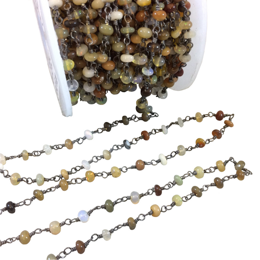 Gunmetal Plated Copper Rosary Chain with 3-4mm Ethiopian Opal Beads – Natural Smooth Beaded Chain by the Foot – Mixed Neutral Colors