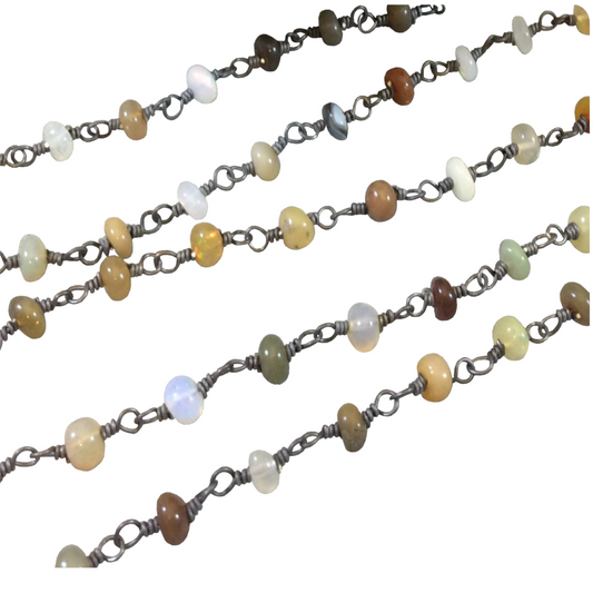 Gunmetal Plated Copper Rosary Chain with 3-4mm Ethiopian Opal Beads – Natural Smooth Beaded Chain by the Foot – Mixed Neutral Colors