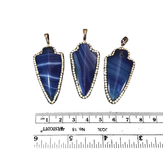 1.75" Pave Rhinestone Encrusted Arrowhead/Arrow Shaped Natural Blue Agate Focal Pendant with Attached Bail - Measuring 24mm x 48mm, Approx.