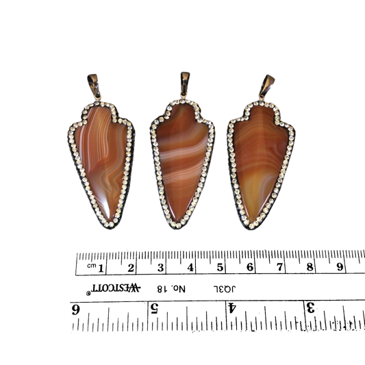 1.75" Pave Rhinestone Encrusted Arrowhead/Arrow Shape Natural Orange Agate Focal Pendant with Attached Bail - Measuring 24mm x 48mm, Approx.