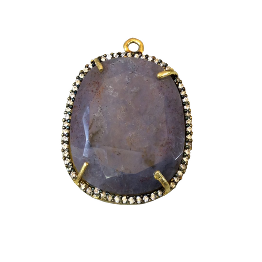 Agate Bezel | Gold Finish CZ Cubic Zirconia Rimmed Faceted Natural Wide Oval Shaped Pendant - Measures 22.5mm x 24mm - Sold Individually